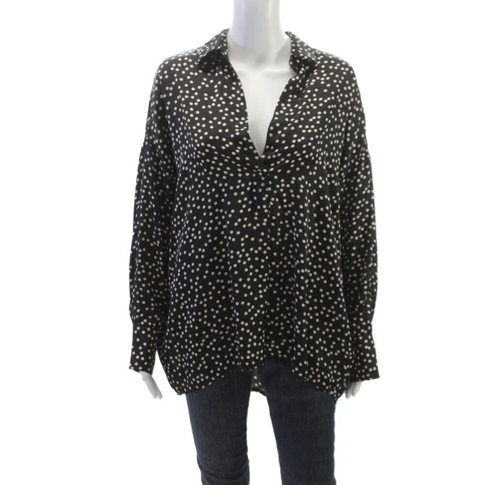 Vie Ta Vie Women Basic Polka Dot Collared Black Long Sleeve Blouse Size L